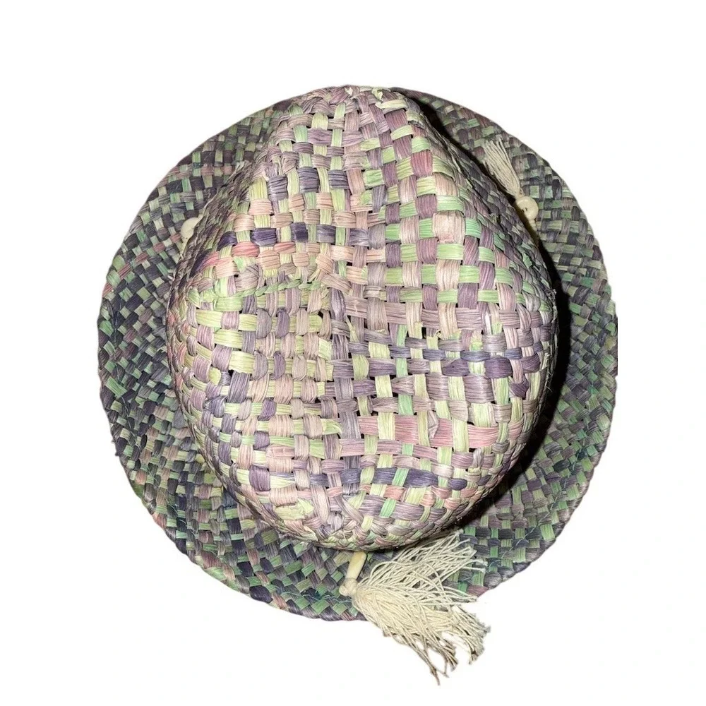 Lucky Brand Fedora Hat Womens One Size Multicolor Boho Beaded Tassel woven straw